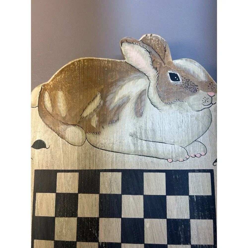 Handcrafted Wood Checkerboard with 2 Pegs Judy Phipps Easter Rabbit Wall Hanging - Picture 6 of 11